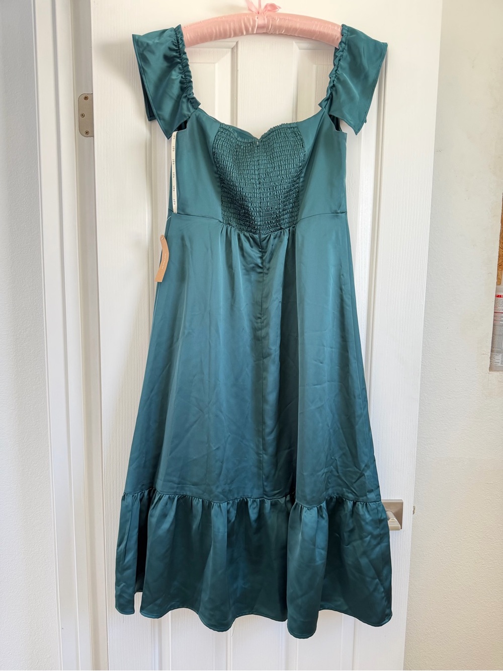 O.P.T. Emerald Green Satin Smocked Ruffle Midi Dress Size XL NWT - Picture 6 of 12